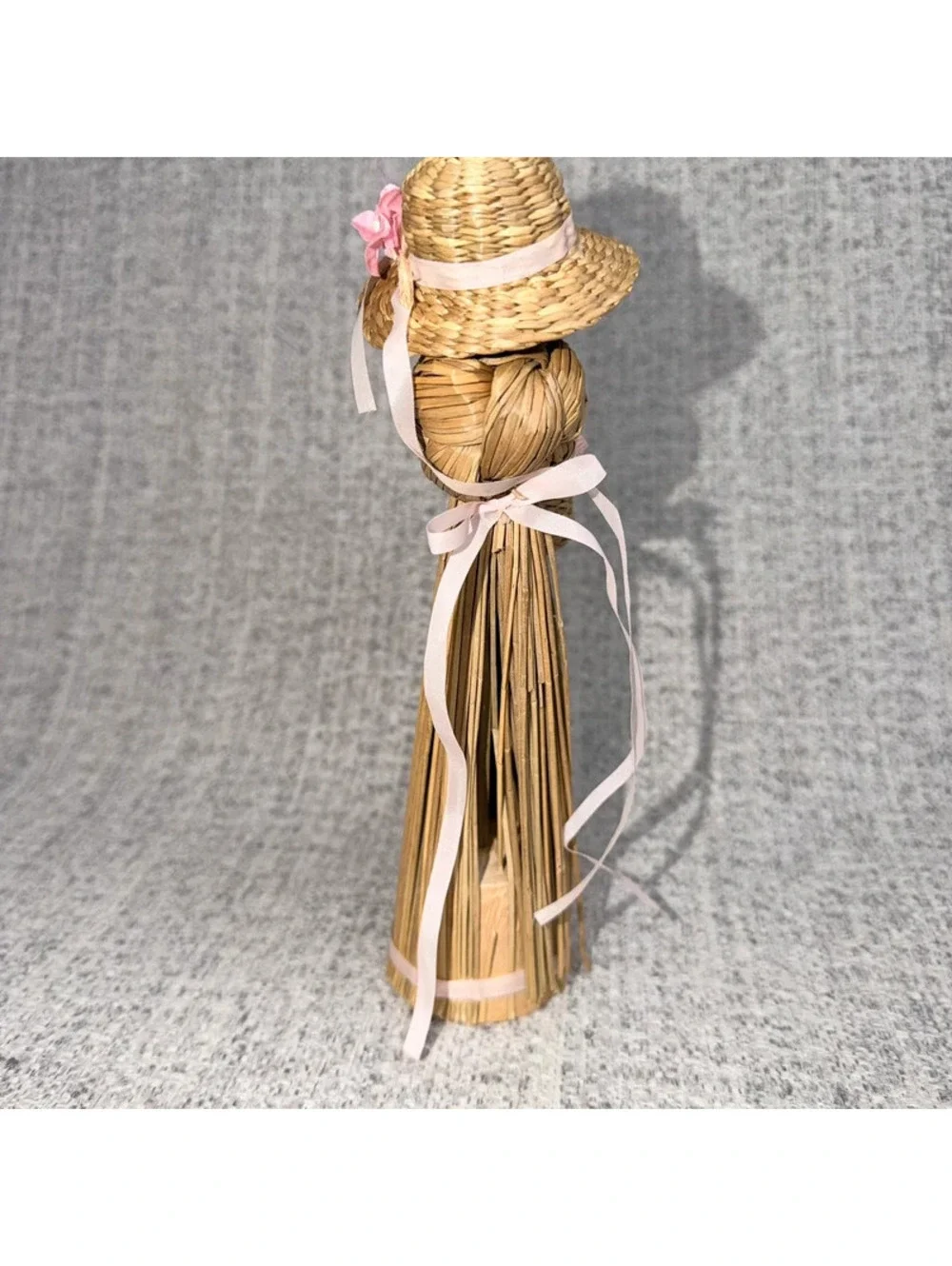 Vintage Japanese Kokeshi Straw Doll Flower Hat Wicker Basket Folk Art 6.5”